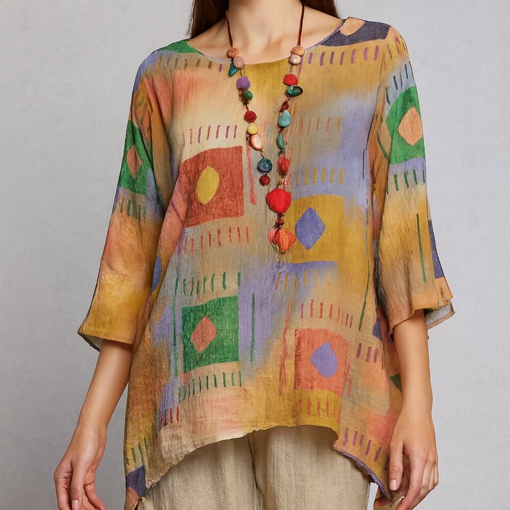 Ivy Reed Tunic Top Abstract Print Art-to-Wear Artsy Rayon Lagenlook size XL